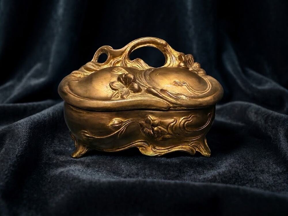 Antique Art Nouveau Jewelry Box Jennings Brothers JB Brass Gold Trinket Box 1900